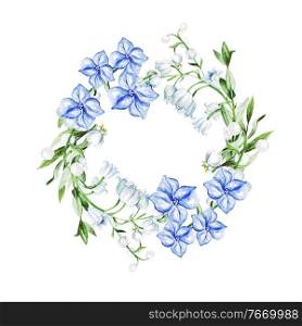 Blue flowers and lily of the valley in wreath for wedding. Decorative element for greeting card. Illustration. Blue flowers and lily of the valley in wreath for wedding. Decorative element for greeting card.