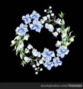 Blue  flowers and lily of the valley in wreath for wedding. Decorative element for greeting card. Illustration. Blue  flowers and lily of the valley in wreath for wedding. Decorative element for greeting card.