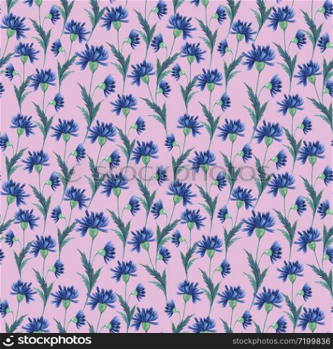 Blue flowers cornflowers on a pink background. Wild flowers endless pattern. For printing and design of notebooks, cards, invitations, prints, fabrics.