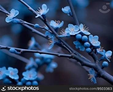 Blue flowers in bloom on tree branches with blurred background