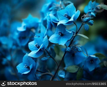 Blue flowers in bloom on tree branches with blurred background