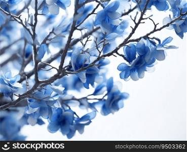 Blue flowers in bloom on tree branches with blurred white background