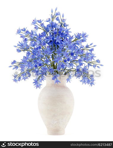 blue flowers in ceramic vase isolated on white background. 3d illustration