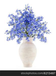 blue flowers in ceramic vase isolated on white background. 3d illustration