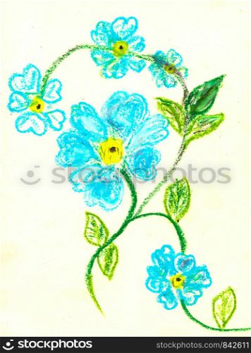 blue flowers, pastel paint hand drawn