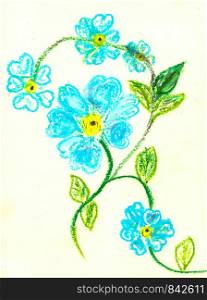 blue flowers, pastel paint hand drawn
