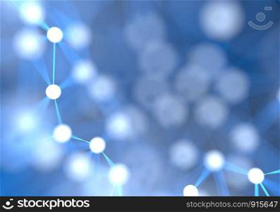 Blue futuristic abstract network nodes background. Technology and Science Concept. Bokeh light element. Computer communication and connection in Internet of things theme. 3D illustrations rendering.
