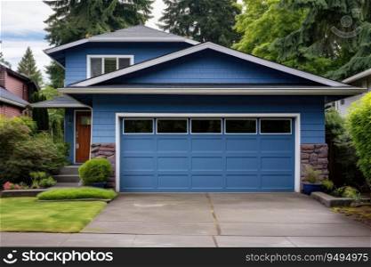 Blue garage door with a driveway in front.