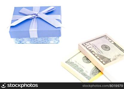 blue gift box and money on white background closeup
