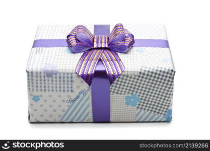 Blue gift box with big bow ribbon isolated on white background. gift box with big bow ribbon