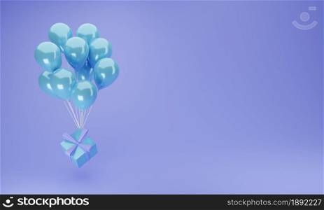 Blue gift box with blue ribbon and balloon isolated on blue background. Minimal concept. 3d rendering illustration. Copy space. Place for text.