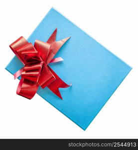 blue gift box with red ribbon on isolated white, clipping path.