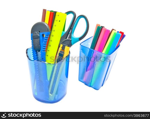 blue glasses with office supplies on white background