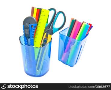 blue glasses with office supplies on white background