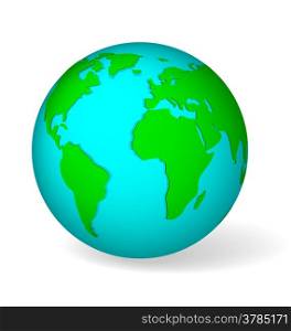 Blue globe symbol with green world map. Icon of Earth isolated on white with realistic shadow.&#xA;
