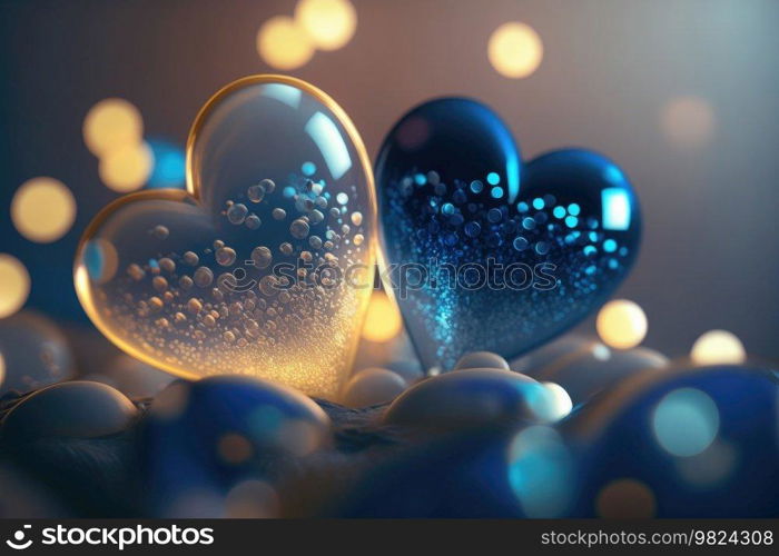 Blue glossy hearts background. Illustration Generative AI