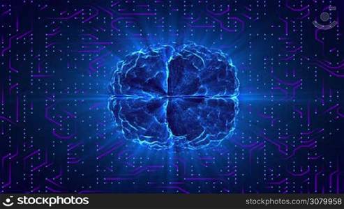 Blue glowing brain wired on neural surface or electronic conductors. Artificial intelligence (AI) and High Tech Concept.