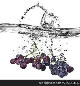 blue grape dropped into water with splash isolated on white