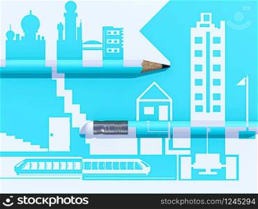 Blue graphic of the building, City location and Sky Train that lay over pencil on white paper. For art and design.