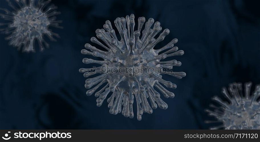 Blue gray viruses with hairs and rough texture floating on a dark blue background. 3D Illustration. Blue gray viruses with hairs floating on a dark blue background. 3D Illustration