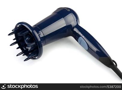 Blue hair dryer isolated on white