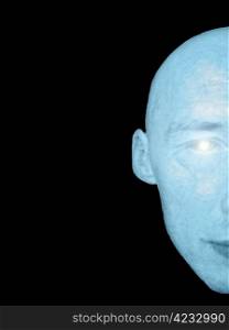 Blue half faced man with shining eye