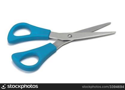 Blue handled scissors isolated on a white background.
