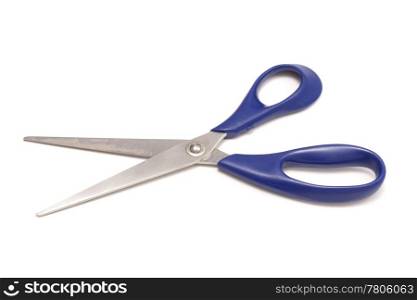 Blue handled scissors isolated on a white background.