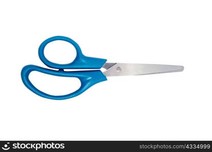 Blue handled scissors on a white background.