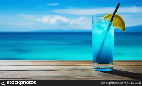 Blue Hawaiian cocktail on background with blue sea and sky tropical background. Generative AI.. Blue Hawaiian cocktail on background with blue sea and sky tropical background. Generative AI