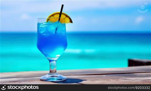 Blue Hawaiian cocktail on background with blue sea and sky tropical background. Generative AI.. Blue Hawaiian cocktail on background with blue sea and sky tropical background. Generative AI