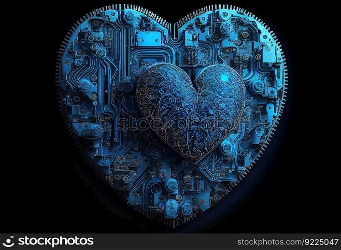 Blue heart designed as central processing unit illustration. AI generative.