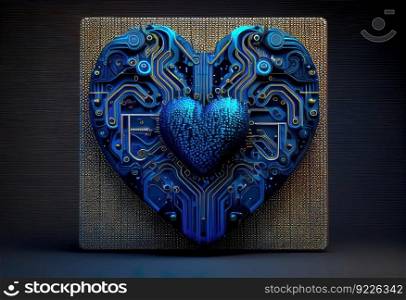 Blue heart designed as central processing unit illustration. AI generative.