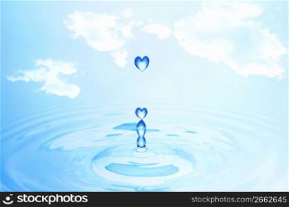 Blue heart shaped water droplets falling into blue water