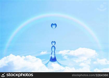 Blue heart shaped water droplets falling into the sky under a rainbow