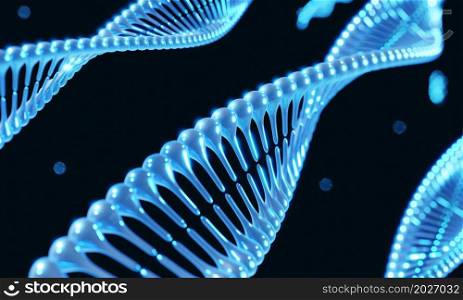 Blue helix DNA Chromosome genetic modification on black background. Science and medical concept. 3D illustration rendering
