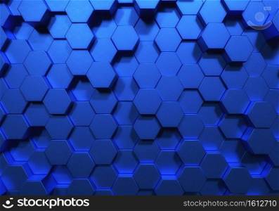 Blue hexagon honeycomb shapes matte surface moving up down randomly. Abstract modern style design background concept. 3D illustration rendering graphic design