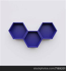 Blue Hexagon shelf copy space,hexegon 3d rendering