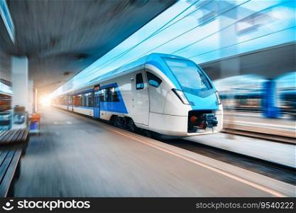 Blue high speed train in motion on the railway station. Fast moving modern intercity train and blurred background. Railway platform. Railroad in Slovenia. Commercial. Passenger railway transportation	