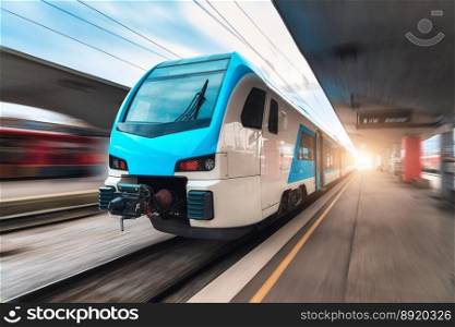 Blue high speed train in motion on the railway station at sunset. Fast modern intercity train and blurred background. Railway platform. Railroad in Slovenia. Commercial and passenger transportation. Blue high speed train in motion on the railway station at sunset