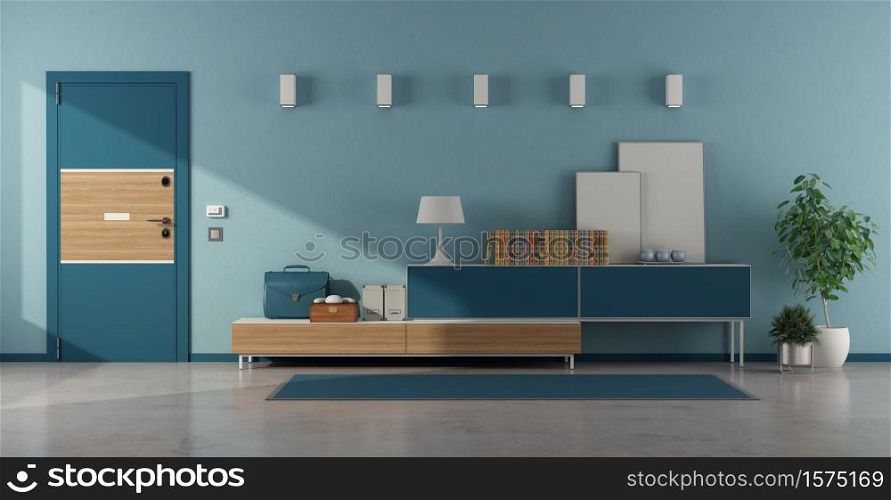 Blue home entrance with armored door and sideboard with decor objects - 3d rendering. Blue home entrance with armored door and sideboard