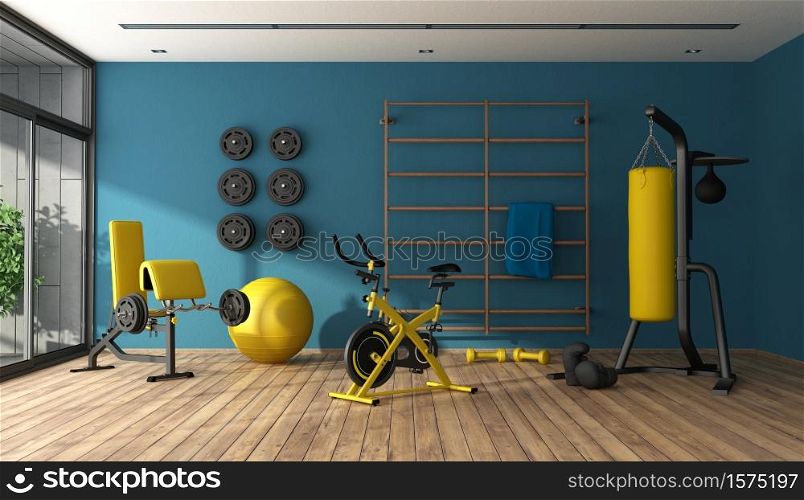 Blue home gym with punching boxer,cyle and other fitness equipment - 3d rendering. Blue home gym with black and yellow fitness equipment