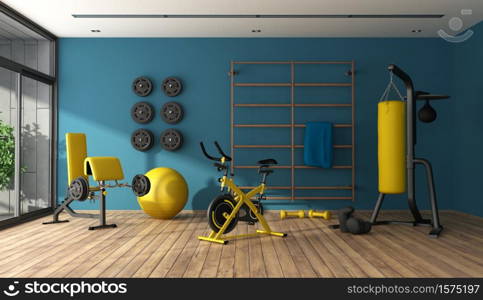 Blue home gym with punching boxer,cyle and other fitness equipment - 3d rendering. Blue home gym with black and yellow fitness equipment