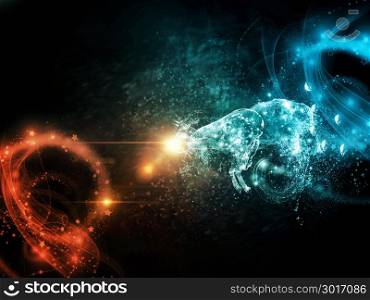 Blue horned sheep made of water is jumping over abstract background.