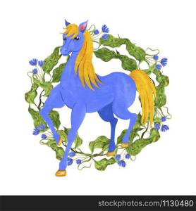 Blue horse with a yellow mane against the background of a wreath of leaves of apple trees and cornflowers. Watercolor illustration on a white background. For printing postcards, notebooks, t-shirts, invitations.