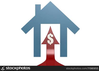 Blue house with dollar sign arrow, 3D rendering