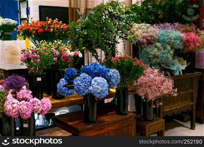 Blue hydrangea flower bouquet in the flower shop