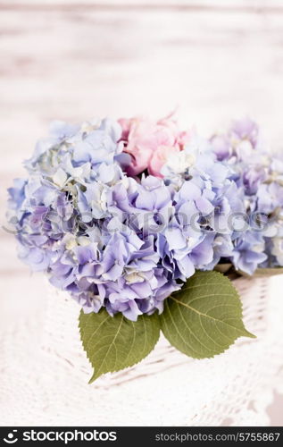 Blue hydrangea flowers in the white basket. Flower decor for the home