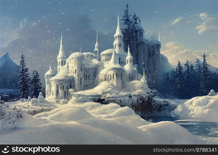 Blue ice fary tale castle, fantasy background. Pastel colored landscape