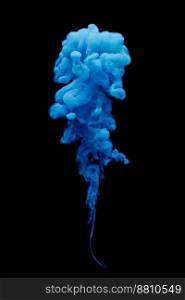 Blue ink swirling in water isolated on black background.